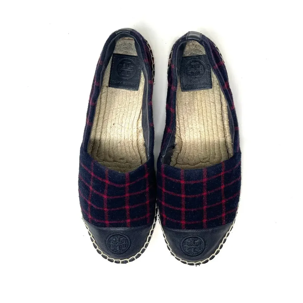 Tory Burch Color Block Espadrille - Flats - Plaid - Wool - Navy Red - Size 9